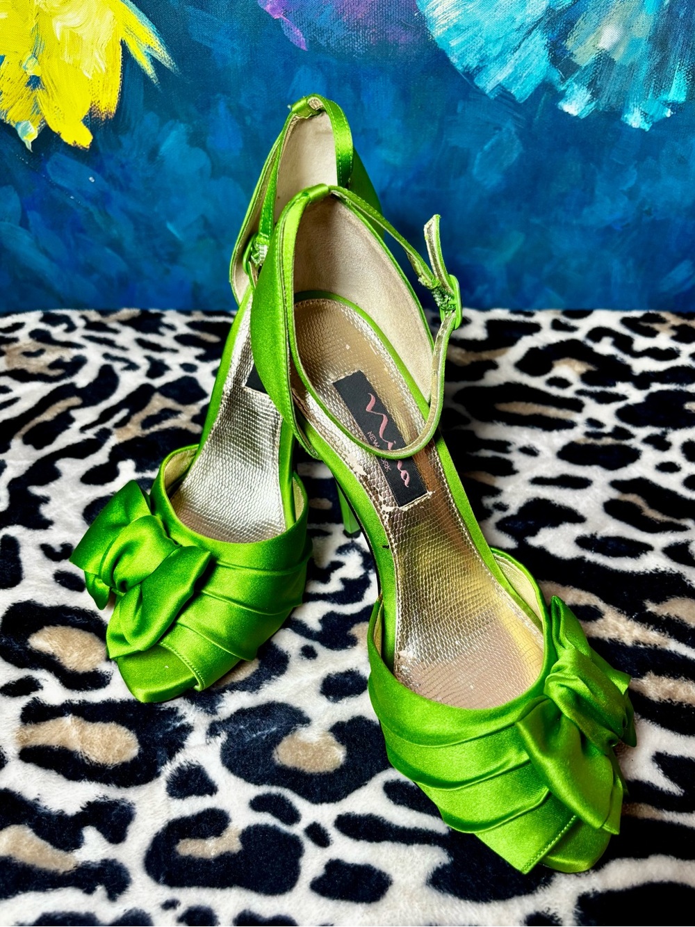 Women’s Satin Peep-Toe Heels in Bright Green with Bow